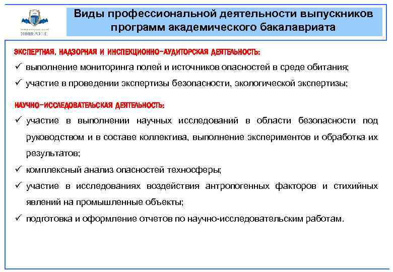 Виды профессиональной деятельности выпускников программ академического бакалавриата ЭКСПЕРТНАЯ, НАДЗОРНАЯ И ИНСПЕКЦИОННО-АУДИТОРСКАЯ ДЕЯТЕЛЬНОСТЬ: ü выполнение