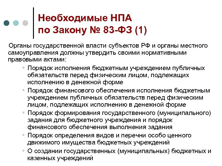Необходимые НПА по Закону № 83 -ФЗ (1) Органы государственной власти субъектов РФ и