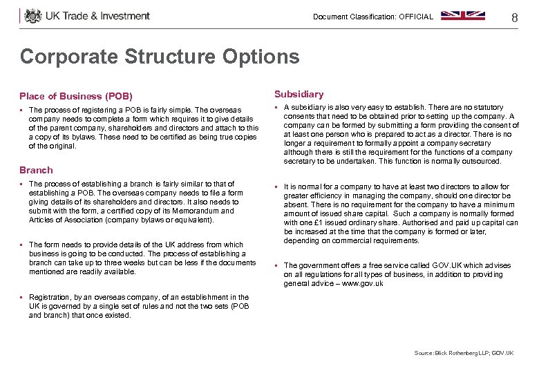 Document Classification: OFFICIAL 8 Corporate Structure Options Place of Business (POB) Subsidiary § The