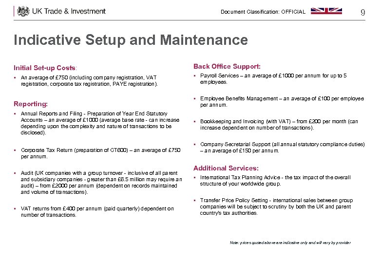 Document Classification: OFFICIAL 9 Indicative Setup and Maintenance Initial Set-up Costs: Back Office Support: