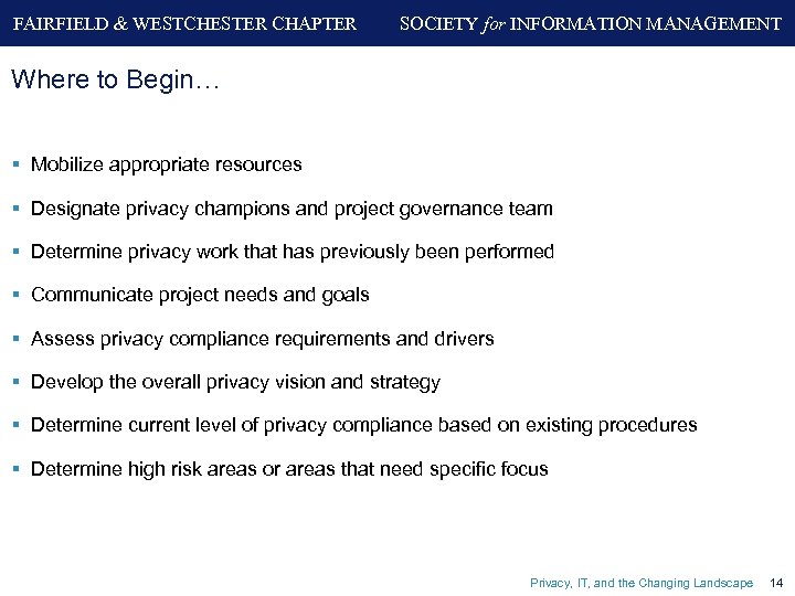 FAIRFIELD & WESTCHESTER CHAPTER SOCIETY for INFORMATION MANAGEMENT Where to Begin… § Mobilize appropriate