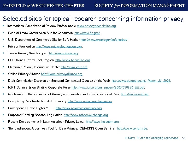 FAIRFIELD & WESTCHESTER CHAPTER SOCIETY for INFORMATION MANAGEMENT Selected sites for topical research concerning
