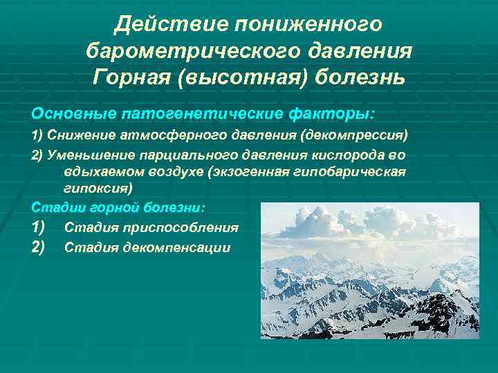 Действие пониженного барометрического давления Горная (высотная) болезнь Основные патогенетические факторы: 1) Снижение атмосферного давления