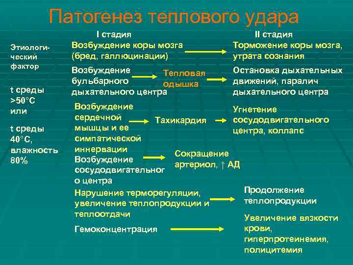 Патогенез теплового удара Этиологический фактор t среды >50°С или t среды 40°С, влажность 80%