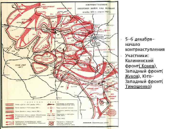  5 -6 декабряначало контрнаступления Участники: Калининский фронт( Конев), Западный фронт( Жуков), Юго. Западный