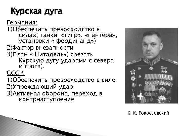 Курская дуга Германия: 1)Обеспечить превосходство в силах( танки «тигр» , «пантера» , установки «