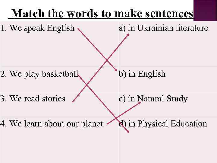 Match the words to make sentences 1. We speak English a) in Ukrainian literature