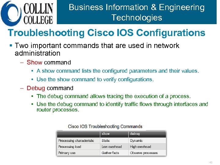 Business Information & Engineering Technologies Troubleshooting Cisco IOS Configurations § Two important commands that