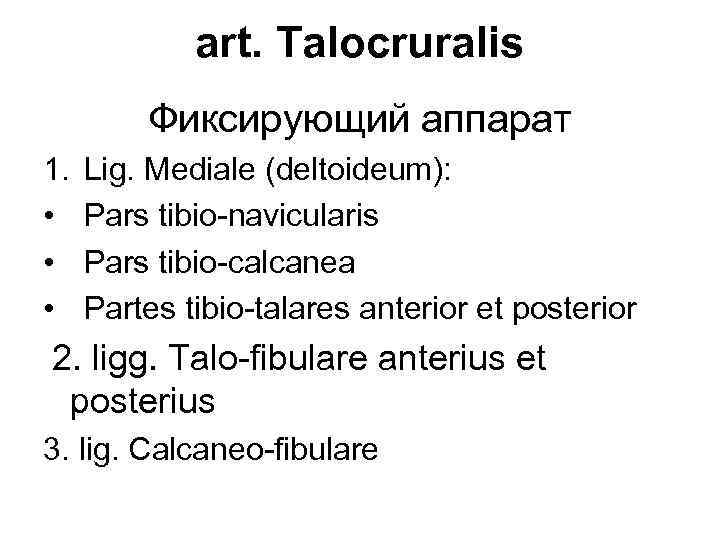 art. Talocruralis Фиксирующий аппарат 1. • • • Lig. Mediale (deltoideum): Pars tibio-navicularis Pars