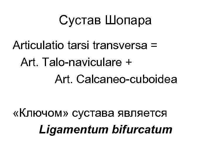 Сустав Шопара Articulatio tarsi transversa = Art. Talo-naviculare + Art. Calcaneo-cuboidea «Ключом» сустава является