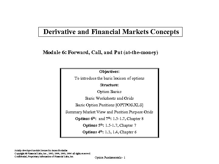 Derivative and Financial Markets Concepts Module 6: Forward, Call, and Put (at-the-money) Objectives: To