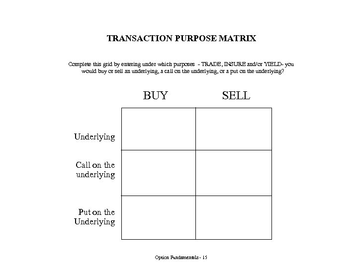 TRANSACTION PURPOSE MATRIX Complete this grid by entering under which purposes - TRADE, INSURE