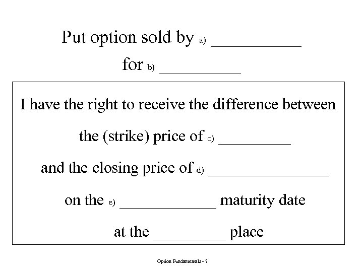 Put option sold by a) _____ for b) _____ I have the right to