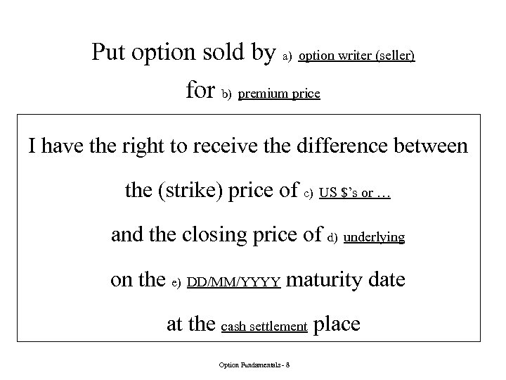 Put option sold by a) option writer (seller) for b) premium price I have