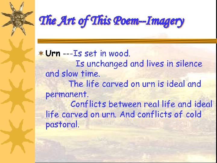 The Art of This Poem--Imagery ¬ Urn ---Is set in wood. Is unchanged and