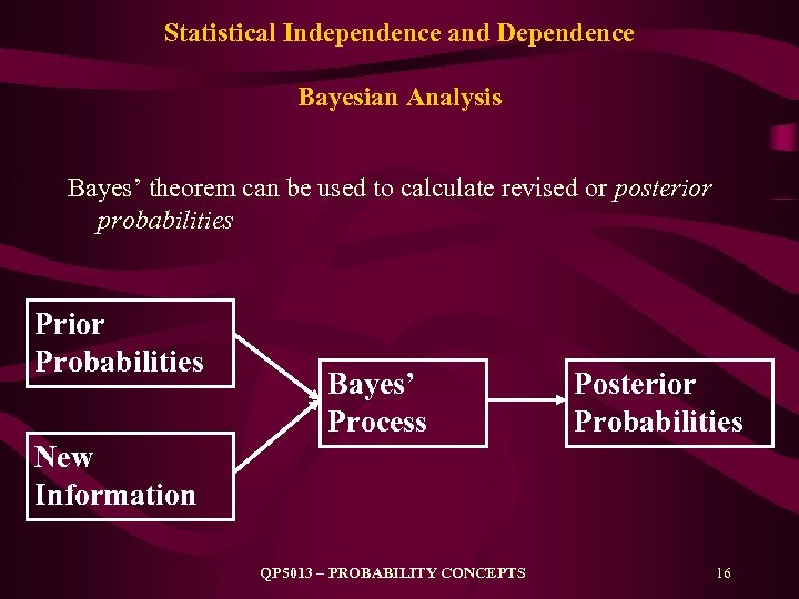 Statistical Independence and Dependence Bayesian Analysis Bayes’ theorem can be used to calculate revised