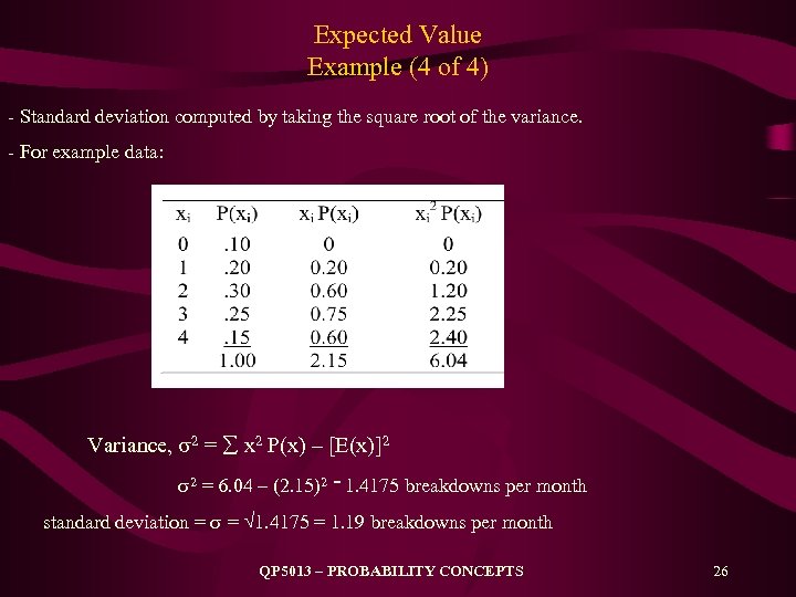 Expected Value Example (4 of 4) - Standard deviation computed by taking the square