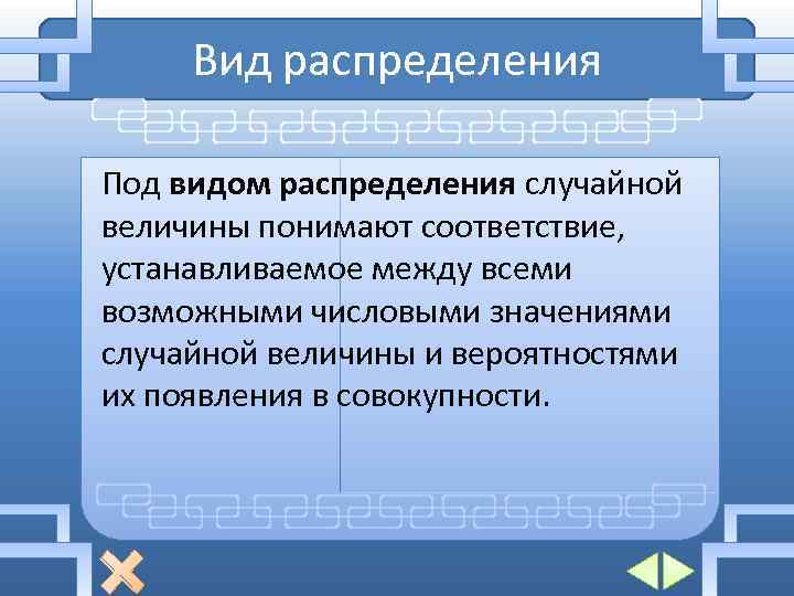 Вид распределения Под видом распределения случайной величины понимают соответствие, устанавливаемое между всеми возможными числовыми