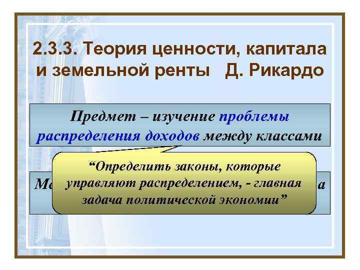 2. 3. 3. Теория ценности, капитала и земельной ренты Д. Рикардо Предмет – изучение