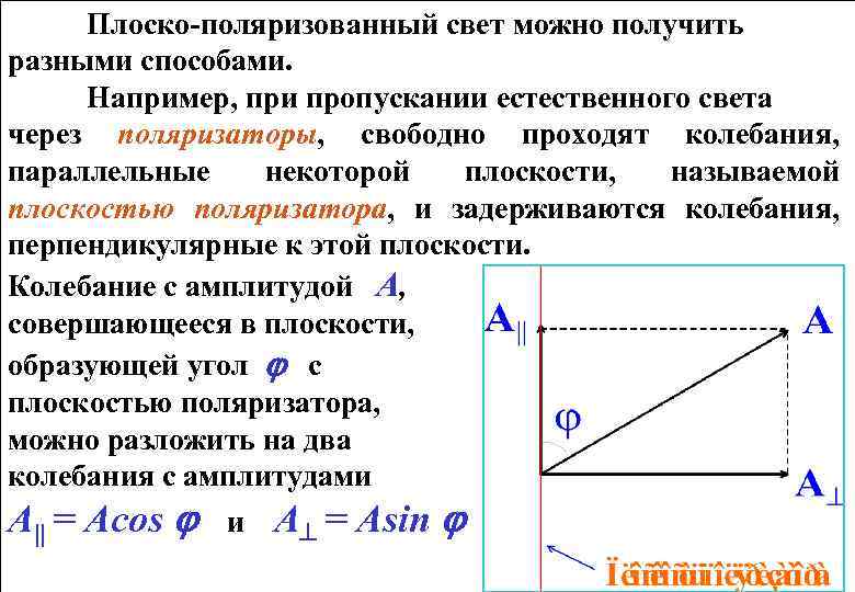 Плоско-поляризованный свет можно получить разными способами. Например, при пропускании естественного света через поляризаторы, свободно