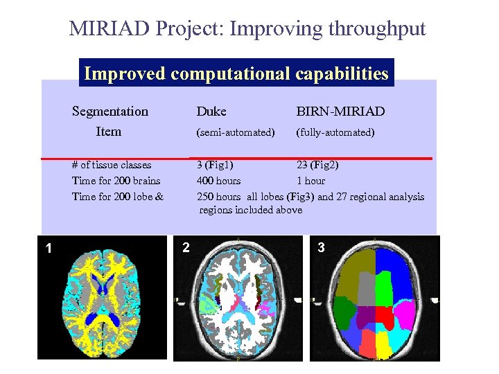 MIRIAD Project: Improving throughput Improved computational capabilities Segmentation Item BIRN-MIRIAD (semi-automated) (fully-automated) # of