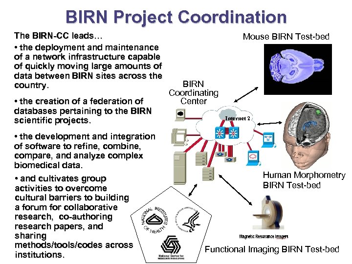 BIRN Project Coordination The BIRN-CC leads… • the deployment and maintenance of a network