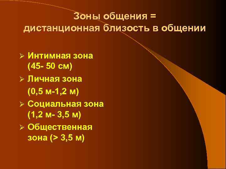 Зоны общения = дистанционная близость в общении Интимная зона (45 - 50 см) Ø