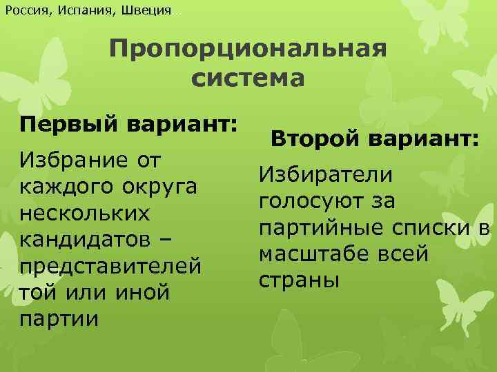 Россия, Испания, Швеция… Пропорциональная система Первый вариант: Избрание от каждого округа нескольких кандидатов –