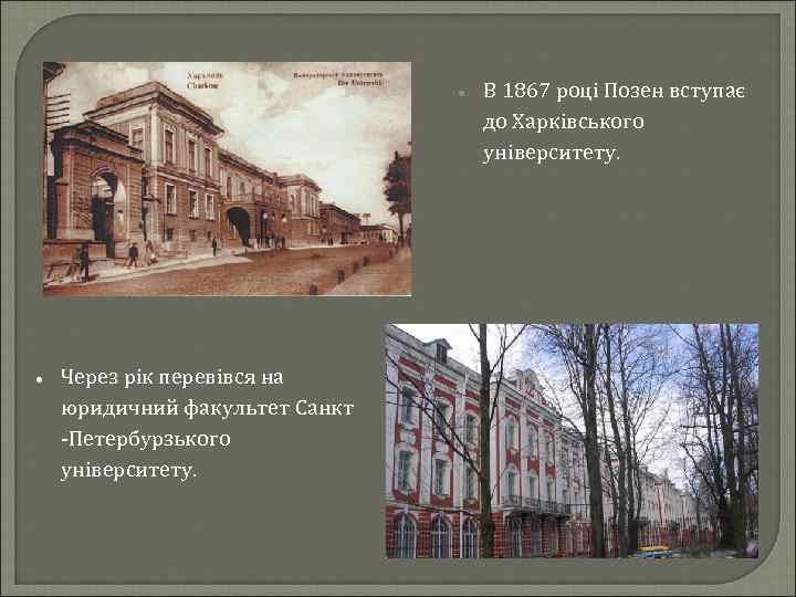  Через рік перевівся на юридичний факультет Санкт -Петербурзького університету. В 1867 році Позен