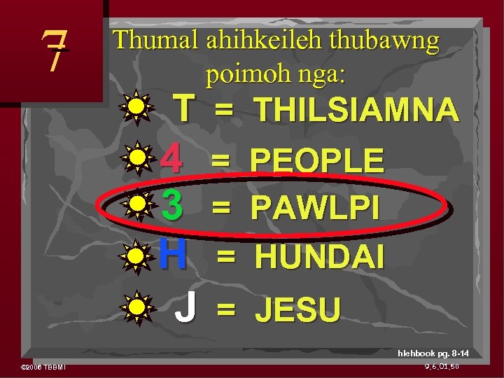 7 Thumal ahihkeileh thubawng poimoh nga: T = THILSIAMNA 4 = PEOPLE 3 =