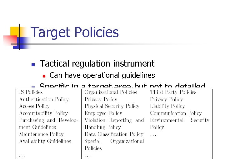 Target Policies n Tactical regulation instrument n n Can have operational guidelines Specific in