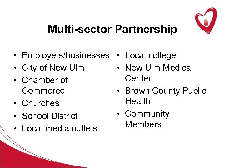 Multi-sector Partnership • Employers/businesses • Local college • City of New Ulm • New