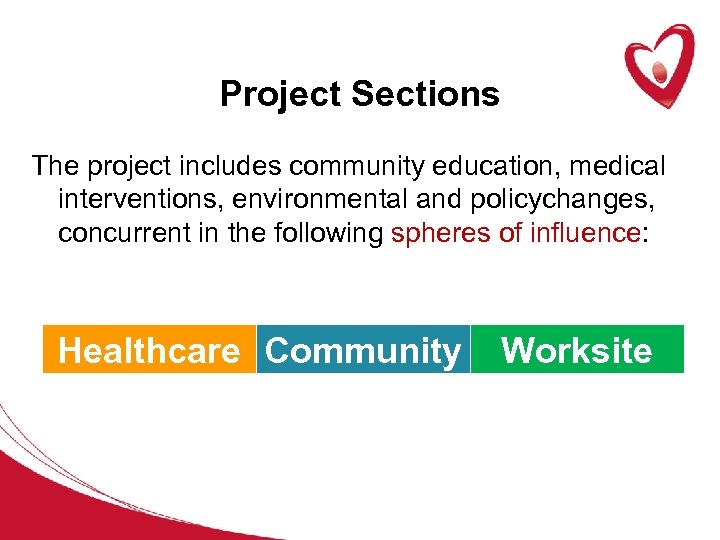 Project Sections The project includes community education, medical interventions, environmental and policychanges, concurrent in
