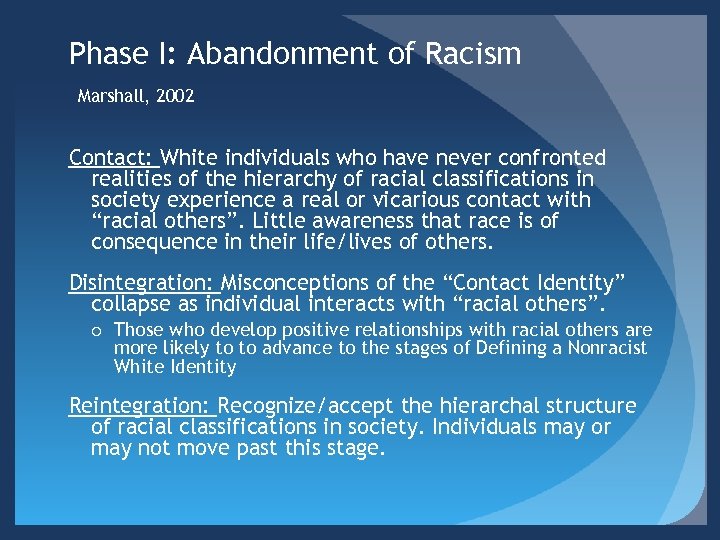Phase I: Abandonment of Racism Marshall, 2002 Contact: White individuals who have never confronted