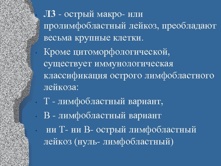  • • • Л 3 - острый макро- или пролимфобластный лейкоз, преобладают весьма