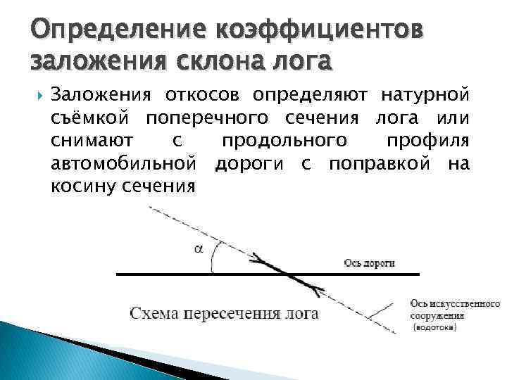 Определение коэффициентов заложения склона лога Заложения откосов определяют натурной съёмкой поперечного сечения лога или