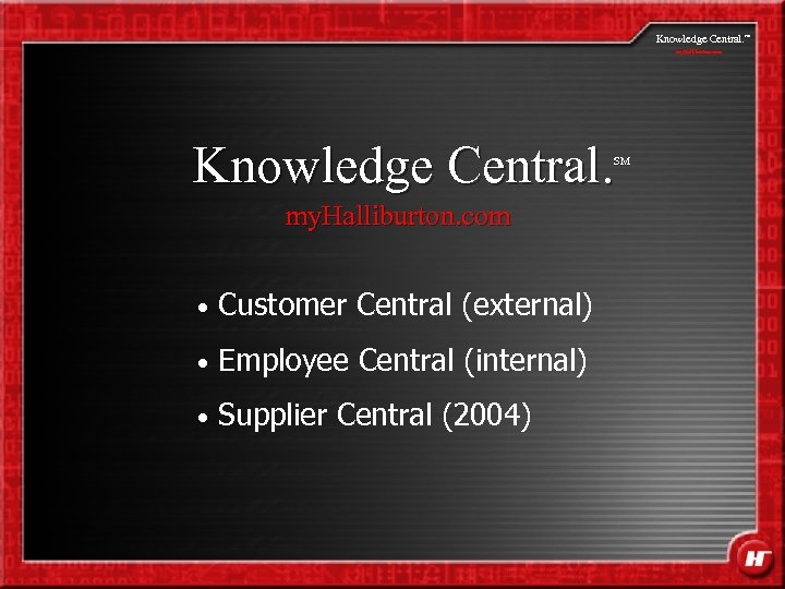 Knowledge Central. my. Halliburton. com Knowledge Central. SM my. Halliburton. com • Customer Central