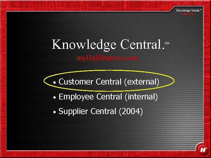 Knowledge Central. my. Halliburton. com Knowledge Central. SM my. Halliburton. com • Customer Central