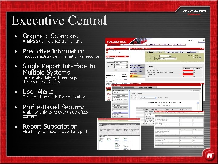 Knowledge Central. Executive Central • Graphical Scorecard Analysis at-a-glance traffic light • Predictive Information