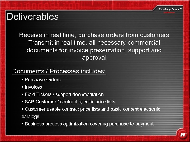 Knowledge Central. Deliverables my. Halliburton. com Receive in real time, purchase orders from customers