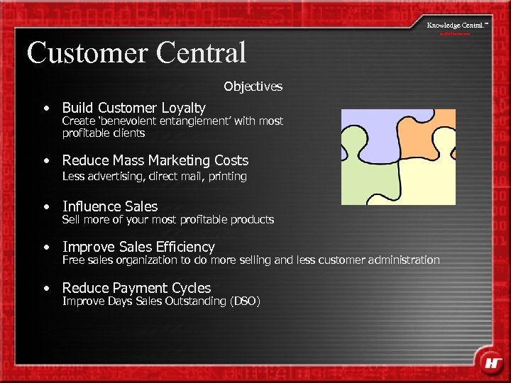 Knowledge Central. Customer Central Objectives • Build Customer Loyalty Create ‘benevolent entanglement’ with most