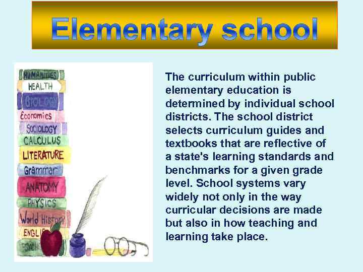 The curriculum within public elementary education is determined by individual school districts. The school