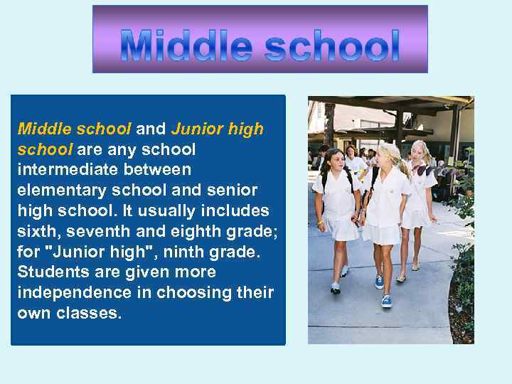 Middle school and Junior high school are any school intermediate between elementary school and