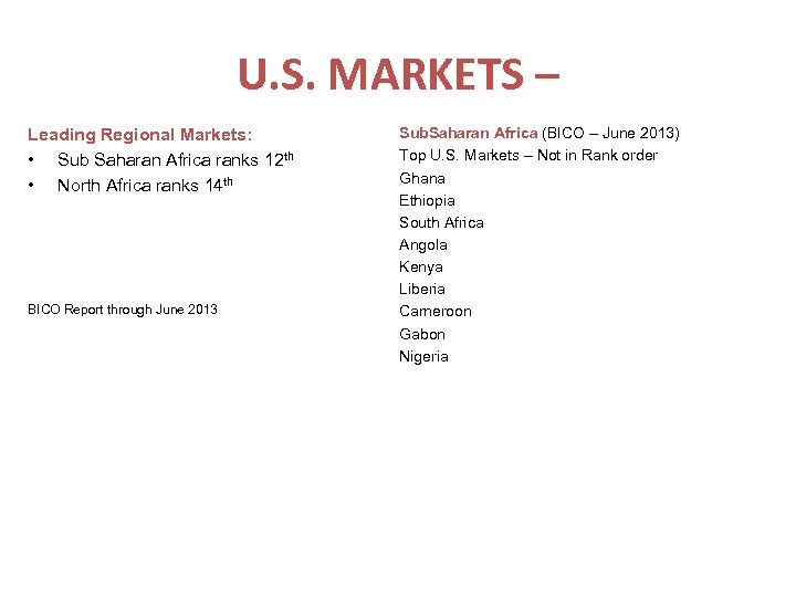 U. S. MARKETS – Leading Regional Markets: • Sub Saharan Africa ranks 12 th