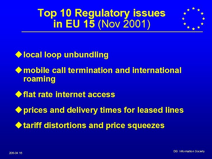Top 10 Regulatory issues in EU 15 (Nov 2001) u local loop unbundling u