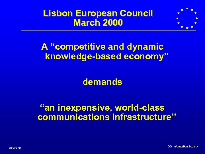 Lisbon European Council March 2000 A “competitive and dynamic knowledge-based economy” demands “an inexpensive,