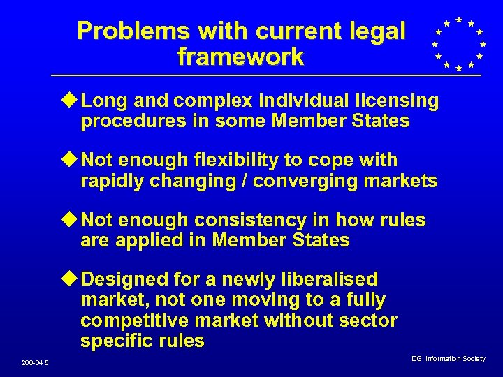 Problems with current legal framework u Long and complex individual licensing procedures in some