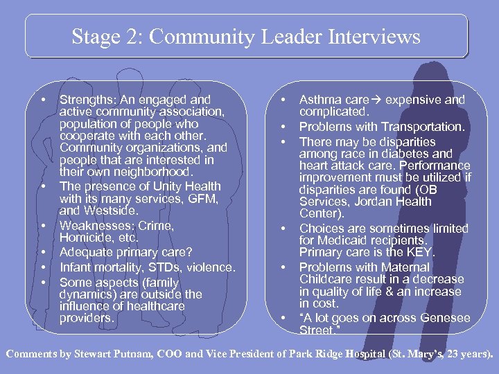 Stage 2: Community Leader Interviews • • • Strengths: An engaged and active community