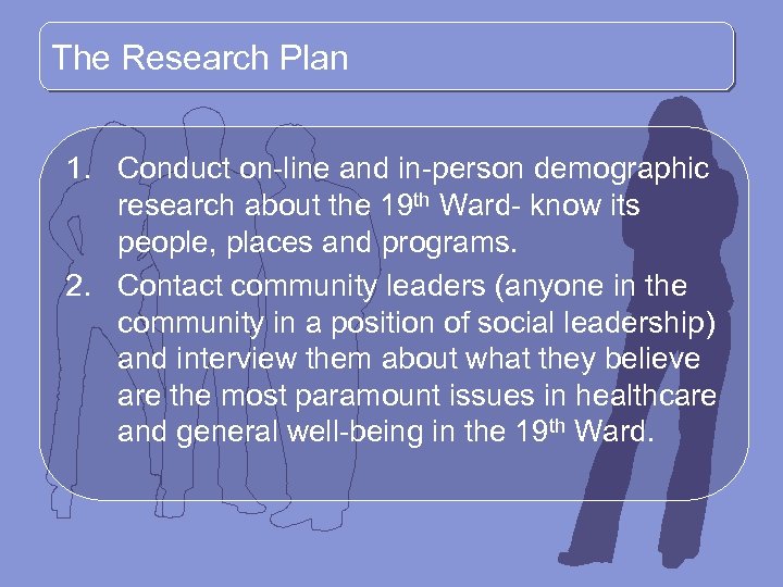 The Research Plan 1. Conduct on-line and in-person demographic research about the 19 th