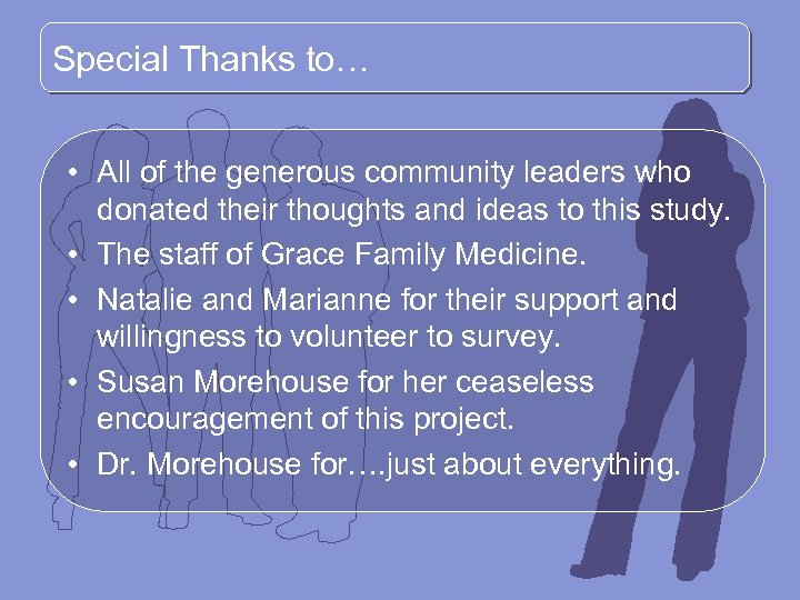 Special Thanks to… • All of the generous community leaders who donated their thoughts